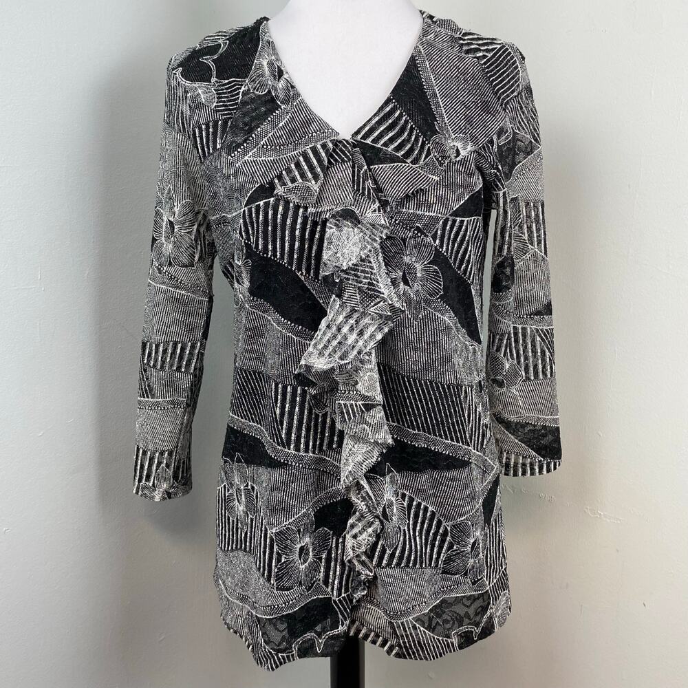 Chaus Black & White Artistic Monochrome Ruffle Front Blouse Medium